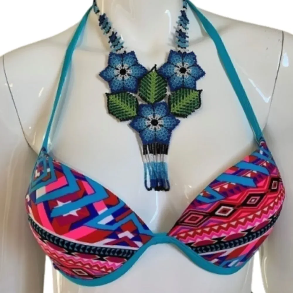 NWT Belle‎ D'Azure Teal/pink Aztec print bikini top  - M/8